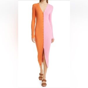 Staud Shoko Colorblock Sweater Dress, Size Small. Orange/Pink ribbed maxi dress